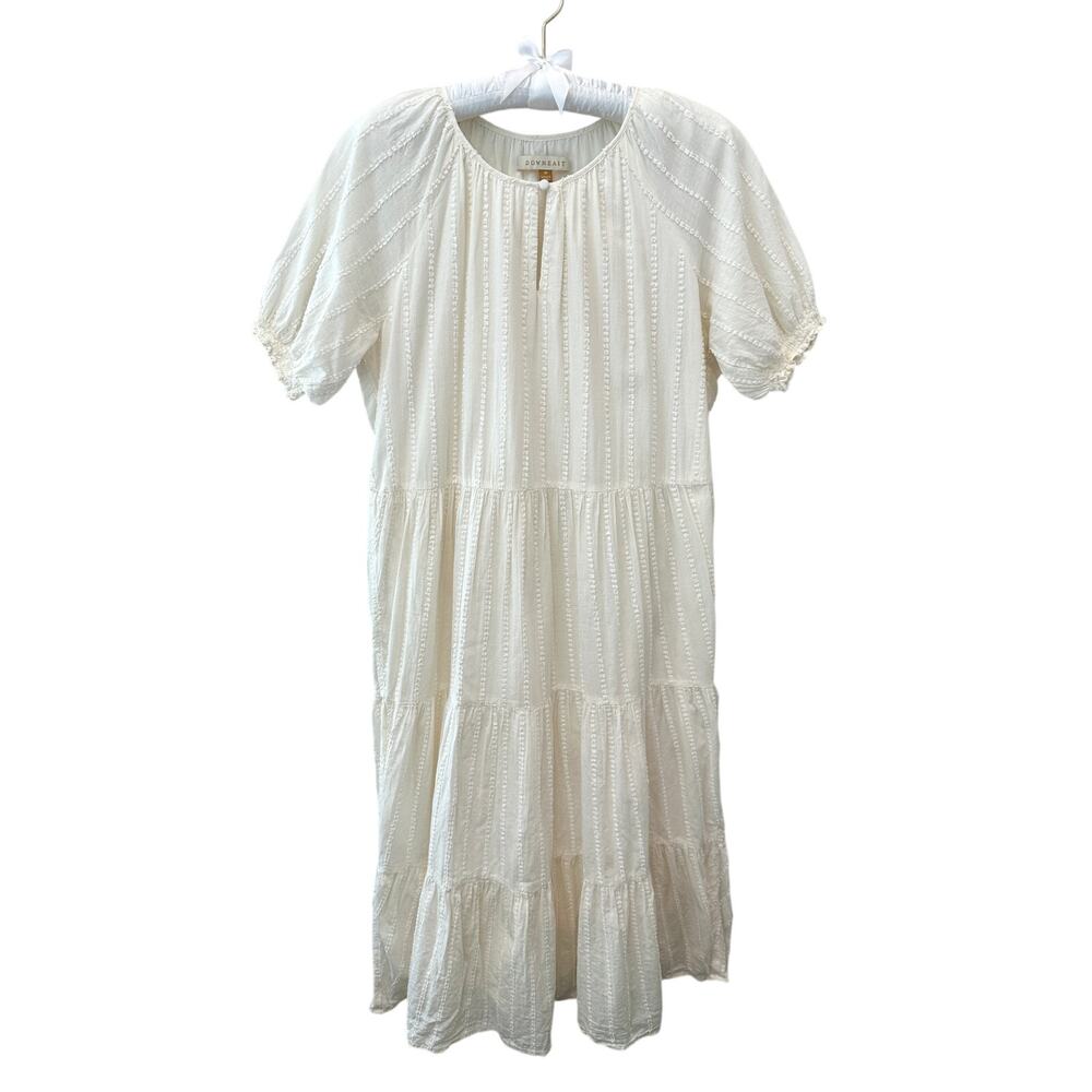 DOWNEAST Cream Textured Puff Sleeve Tiered Midi Dress Modest Cottagecore Medium